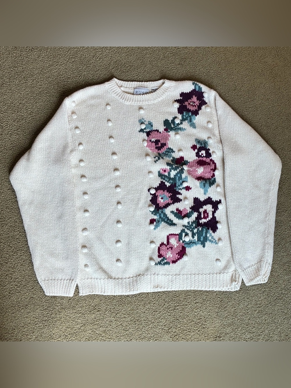 Vintage Russ Floral Knit Sweater Beaded 90s Women’s M Grandma Cottagecore Top